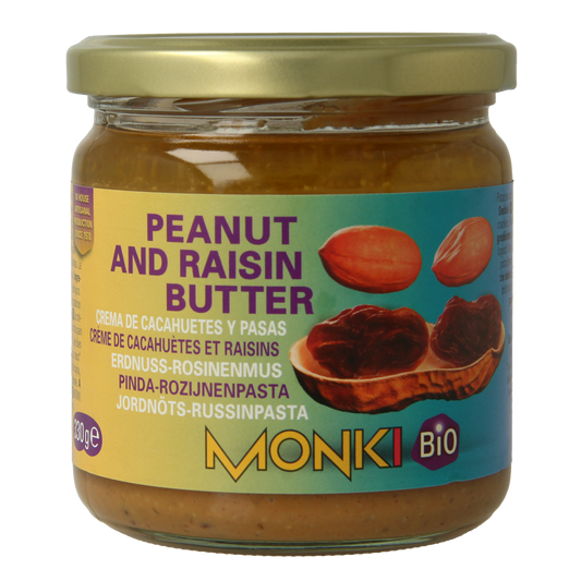 Monki Pinda rozijnenpasta bio broodbeleg spread in a jar, featuring peanut and raisin ingredients, natural and organic.