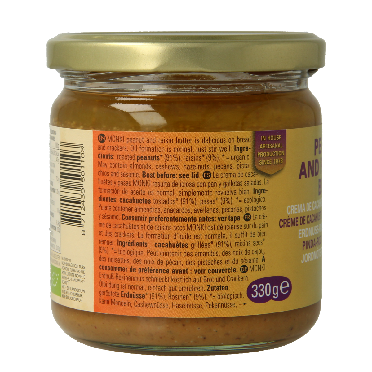 Monki bio Pinda rozijnenpasta spread on bread, 330g jar, natural peanut and raisin flavor, creamy texture, suitable for breakfast or snacks.