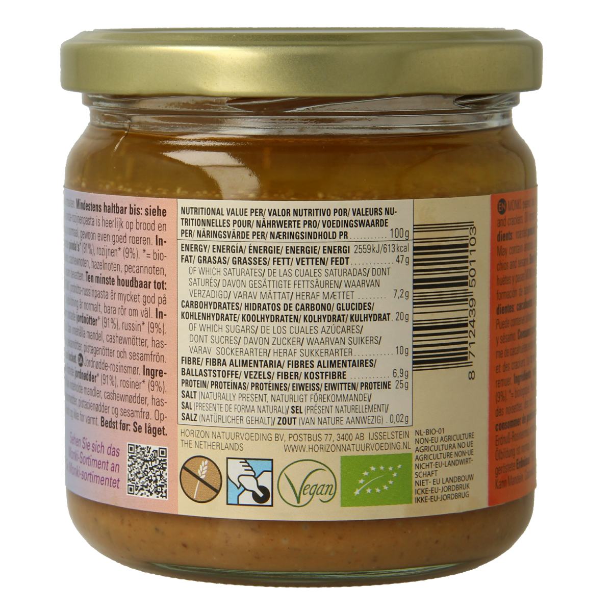 Monki bio Pinda rozijnenpasta spread on bread, showing creamy peanut and raisin mixture in a 330g jar.