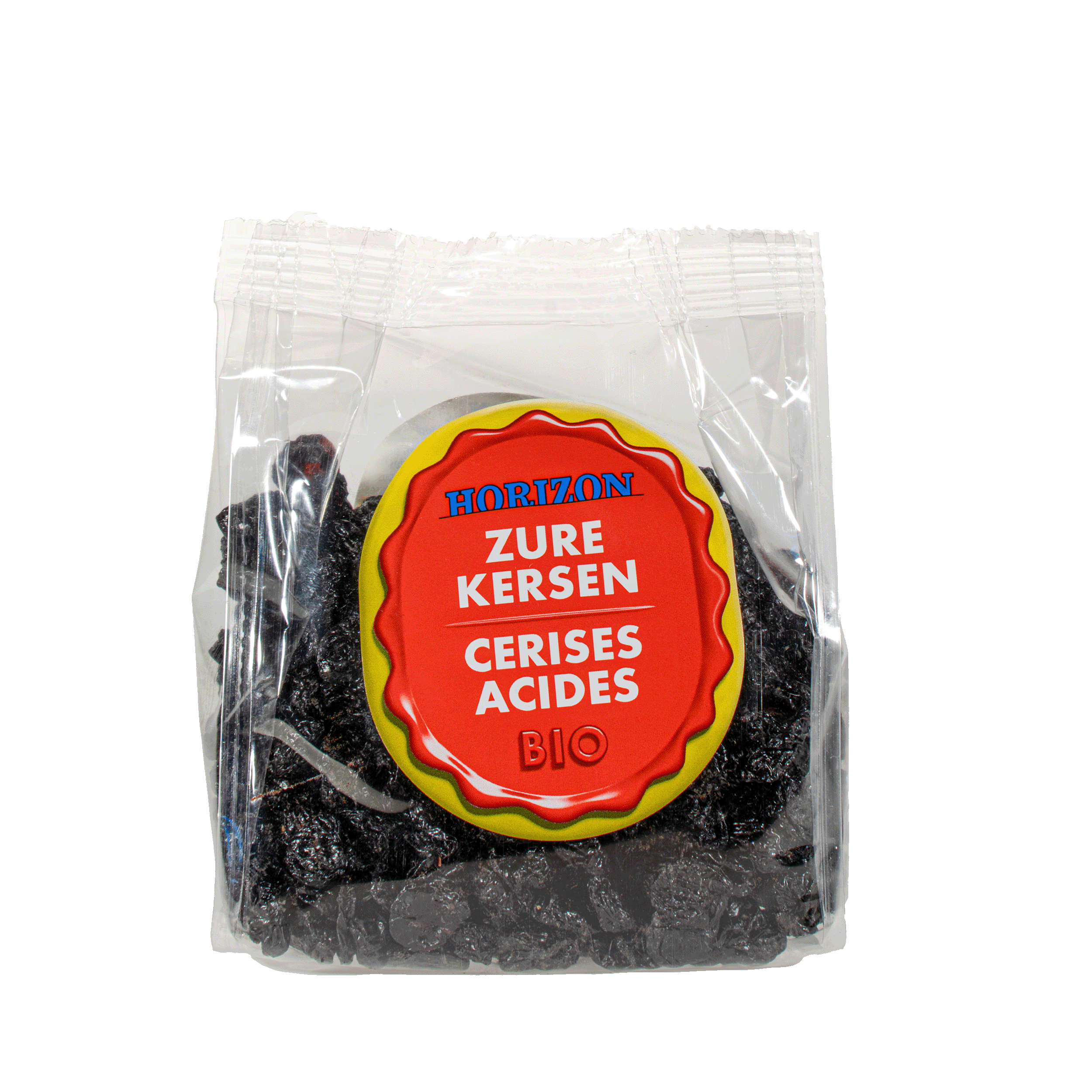 Horizon Zure kersen bio, 200g, organic cherries in a clear container, fresh and ripe, on a white background.