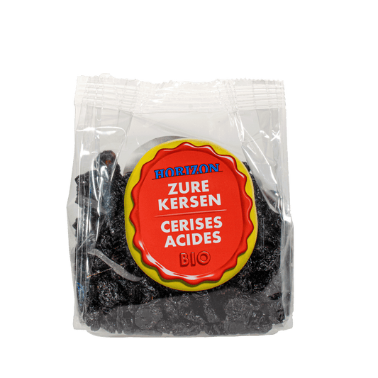 Horizon Zure kersen bio, 200g, organic cherries in a clear container, fresh and ripe, on a white background.