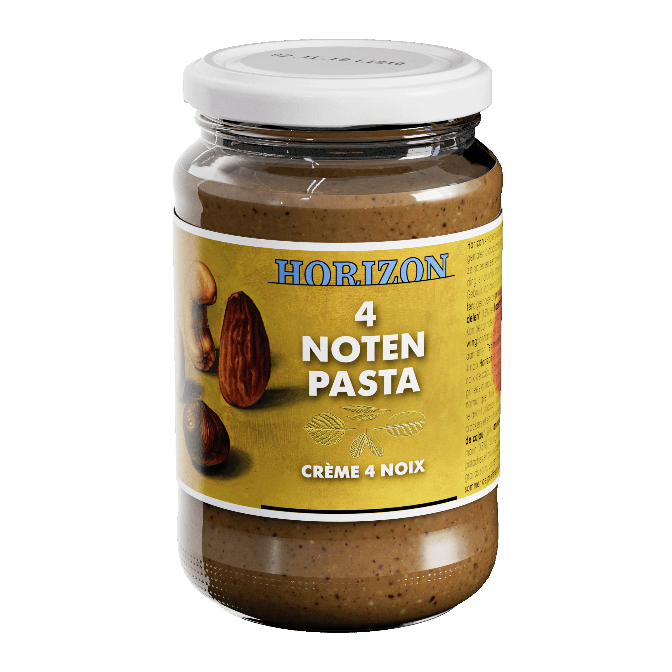 Horizon 4 Notenpasta bio, 350g jar of organic nut spread, creamy texture, ideal for bread and toast.