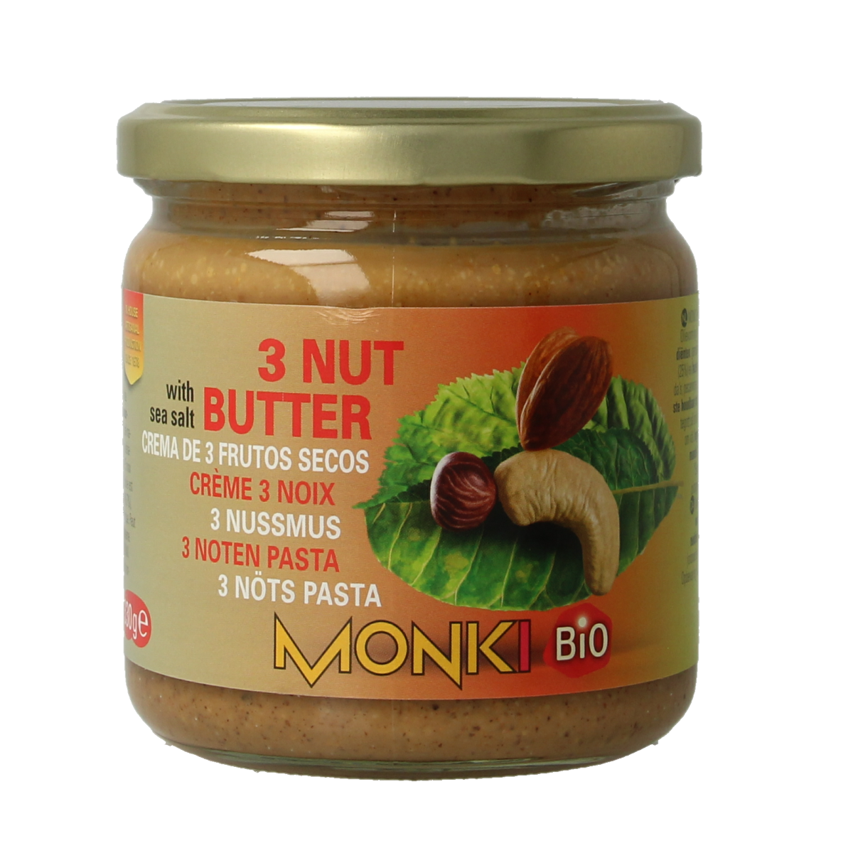 Monki 3 Notenpasta bio, 330g jar, creamy nut spread ideal for bread or toast, natural and organic ingredients, branded product.