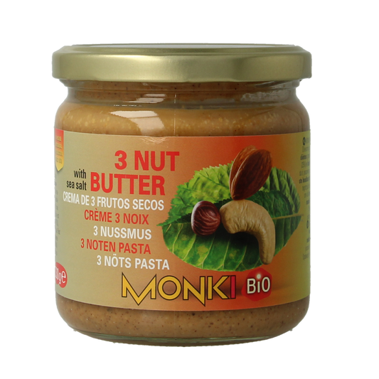 Monki 3 Notenpasta bio, 330g jar, creamy nut spread ideal for bread or toast, natural and organic ingredients, branded product.
