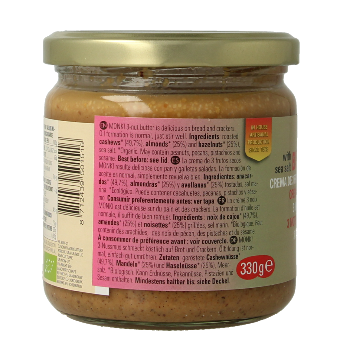 Monki 3 Notenpasta bio, a 330g jar of organic nut spread perfect for bread toppings or snacks.