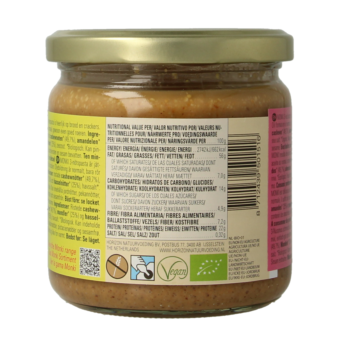 Monki 3 Notenpasta bio spread on bread, showing a jar with a nutty, creamy texture and Monki brand label.