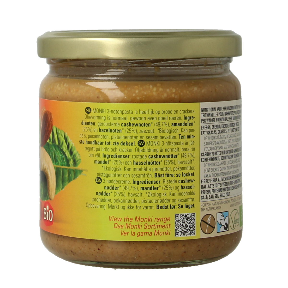 Monki 3 Notenpasta bio, 330g jar, organic nut spread shown in a close-up image, ideal for bread toppings and snacks.