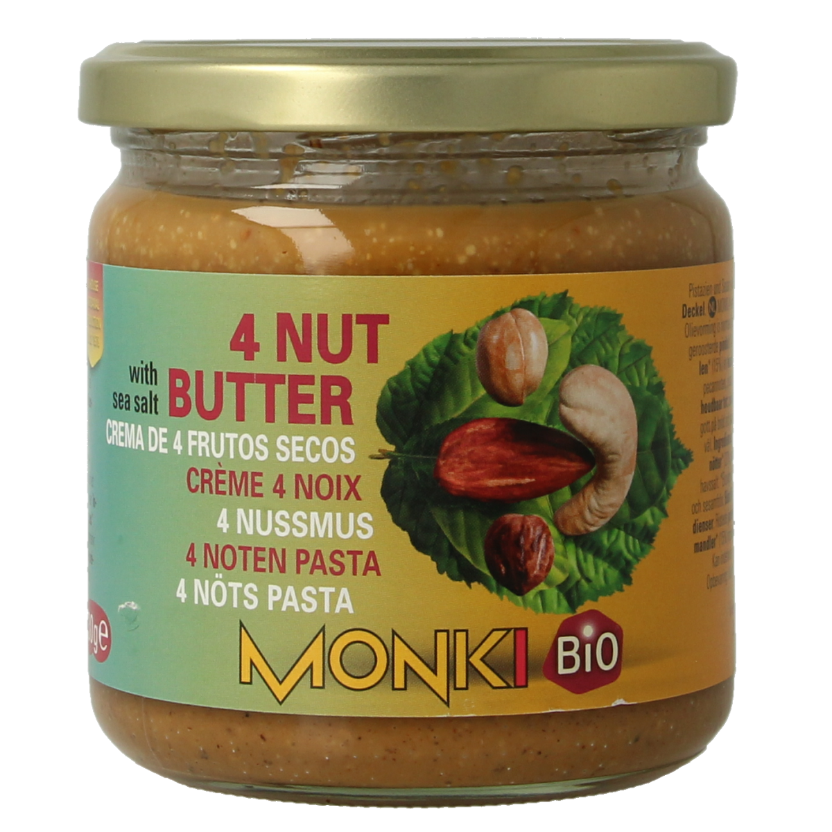 Monki 4 Notenpasta bio, 330g jar, creamy nut spread ideal for bread and toast, natural organic snack option.