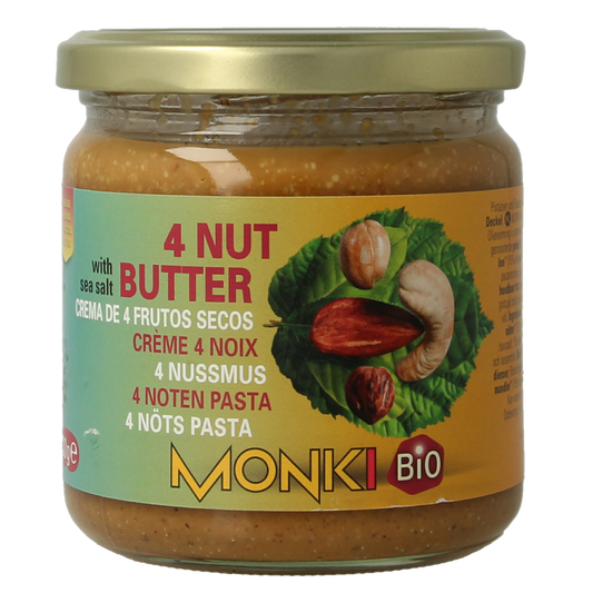 Monki 4 Notenpasta bio, 330g jar, creamy nut spread ideal for bread and toast, natural organic snack option.