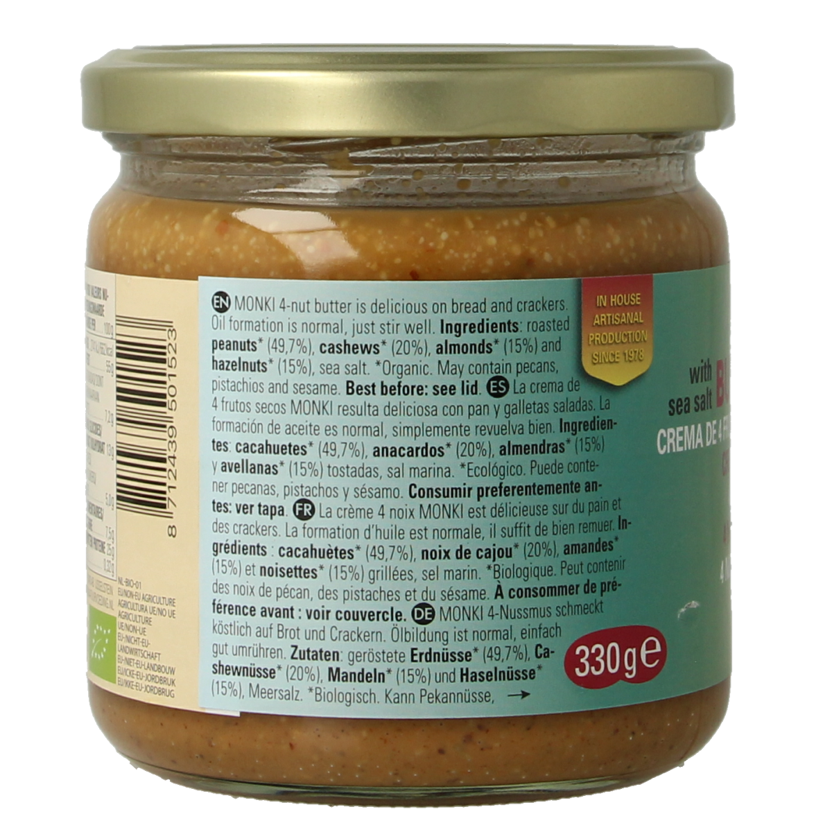 Monki 4 Notenpasta bio spread on bread, 330g jar, natural almond and nut butter for healthy breakfast or snack.
