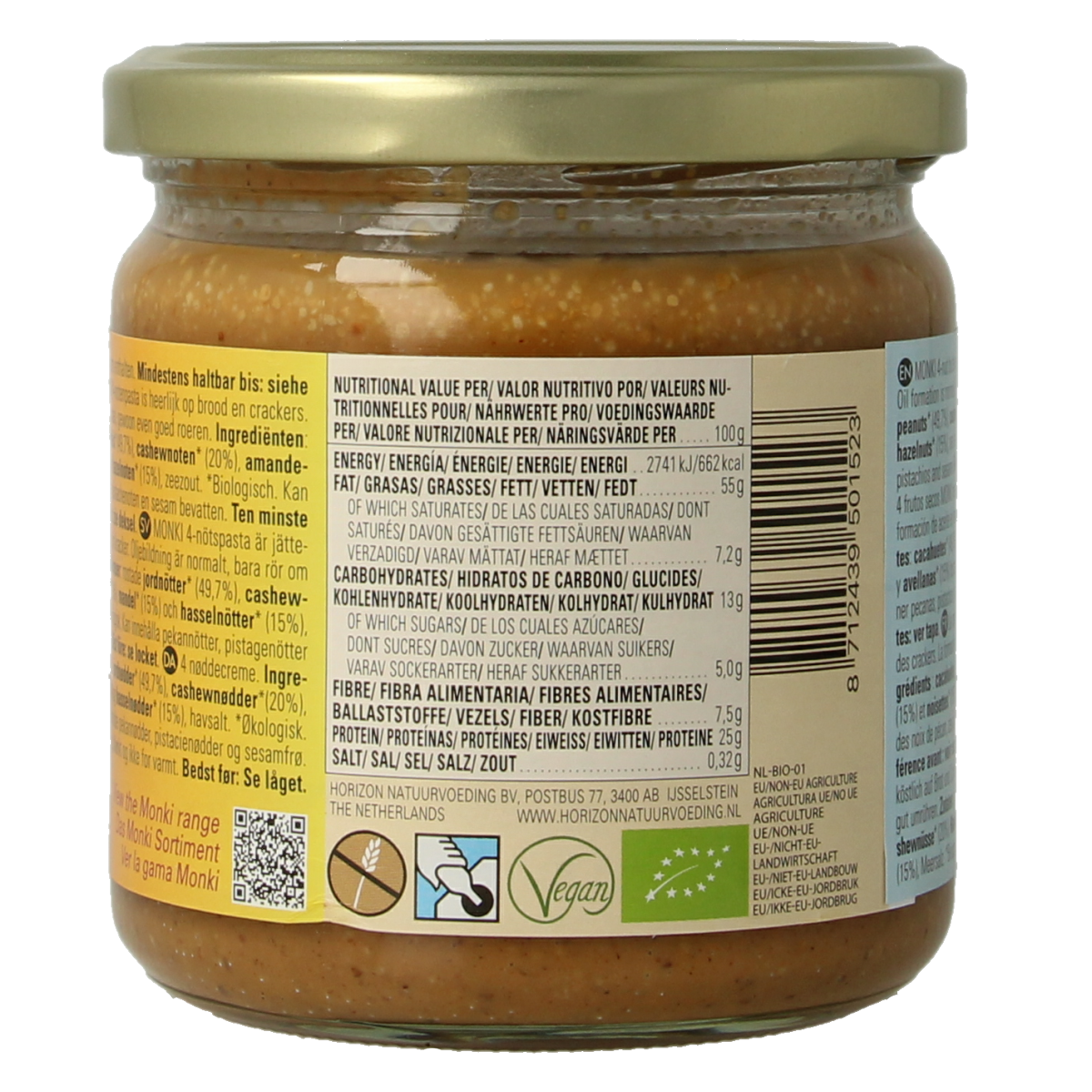 Monki 4 Notenpasta bio, 330g jar, natural spread with mixed nuts, ideal for bread and toast.