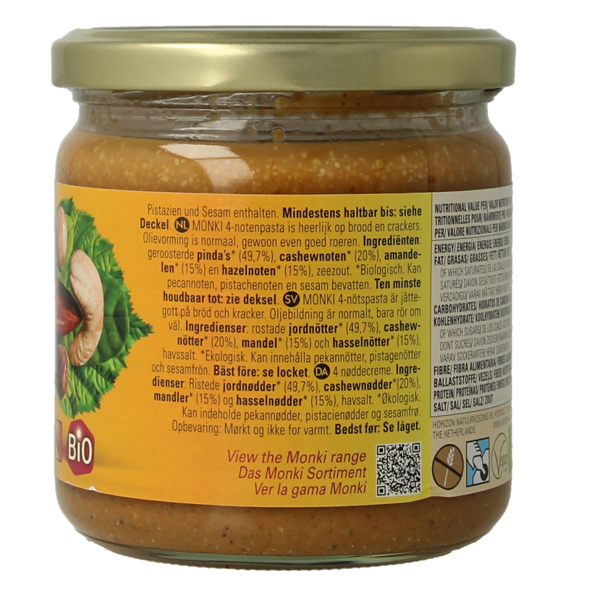 Organic Monki 4 Notenpasta spread on bread, 330g jar, creamy nut butter with four types of nuts.