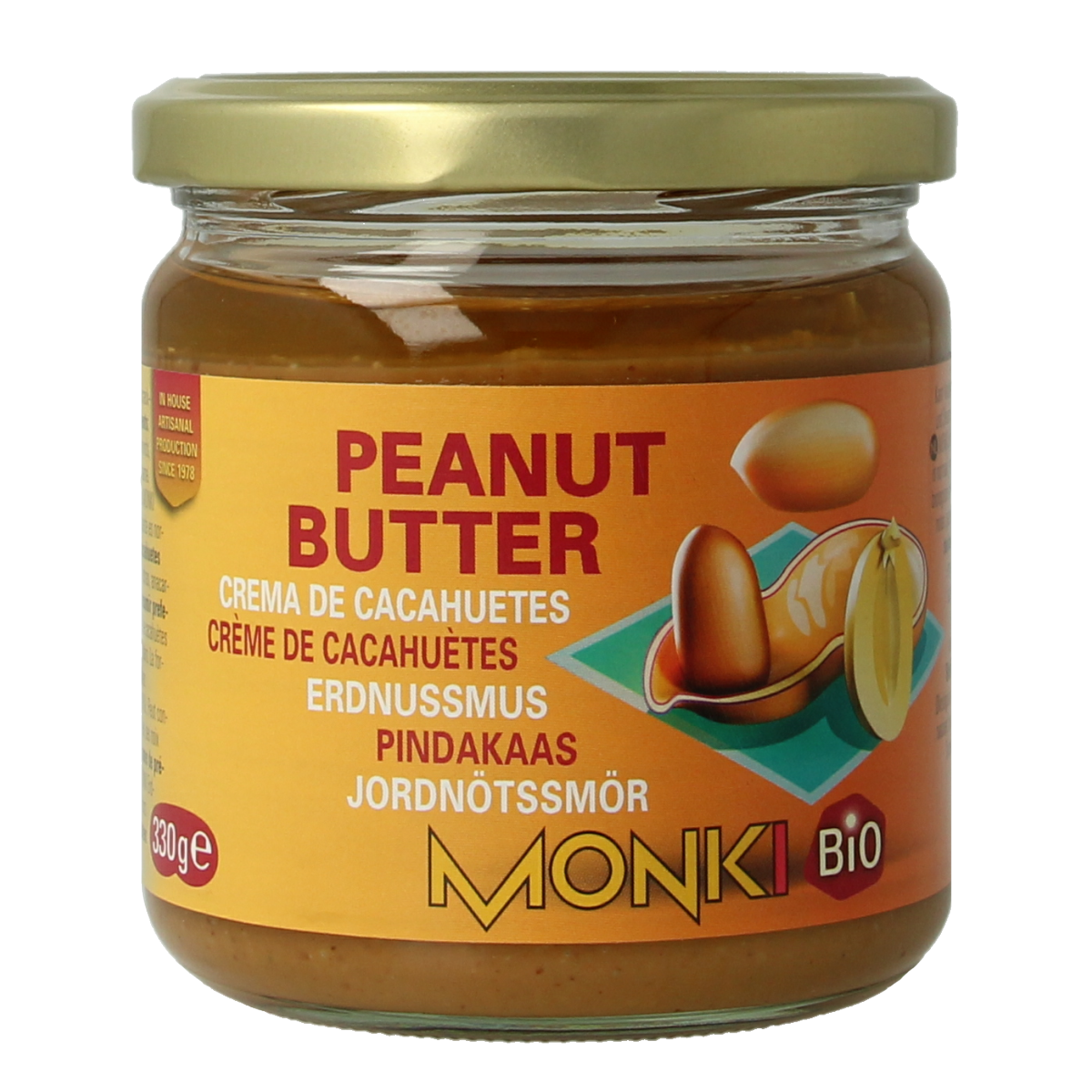 Monki bio unsalted peanut butter spread on bread, 330g jar, natural and creamy, ideal for sandwiches and snacks.