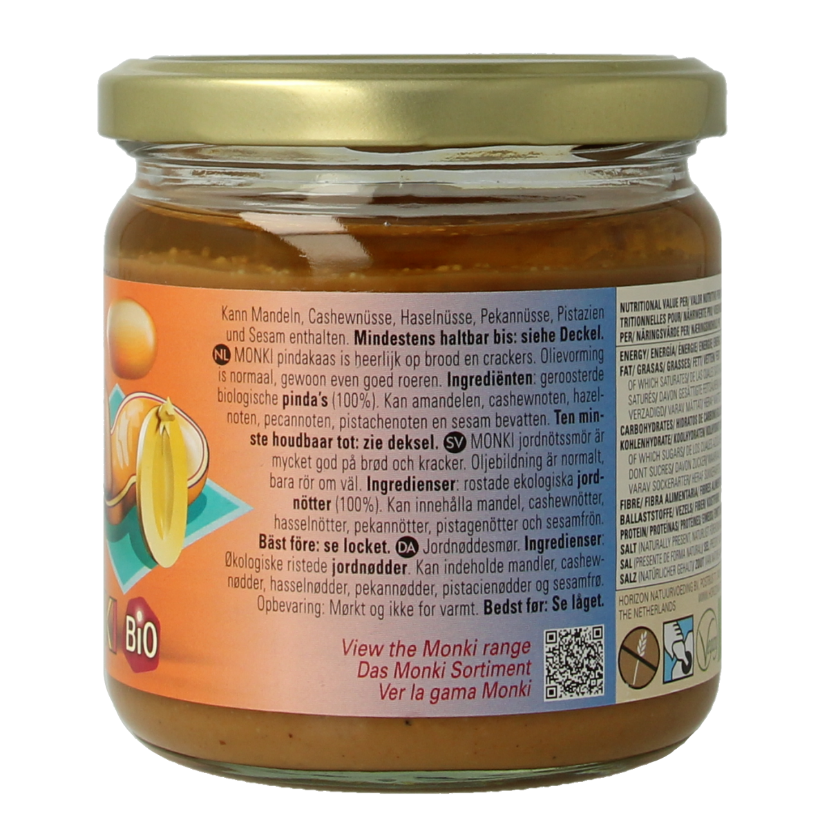 Organic Monki peanut butter without salt in a 330g jar, ideal for spreading on bread or toast.