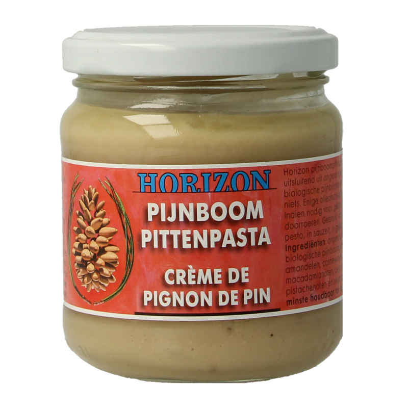 Horizon bio Pijnboompit pasta, a 175g jar of pine nut spread, displayed as a natural breadbeleg with pine nuts visible inside.