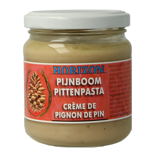 Horizon bio Pijnboompit pasta, a 175g jar of pine nut spread, displayed as a natural breadbeleg with pine nuts visible inside.