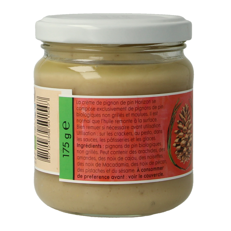 Horizon bio pijnboompit pasta broodbeleg spread in a jar, made from pine nut paste, 175 grams, natural and organic.