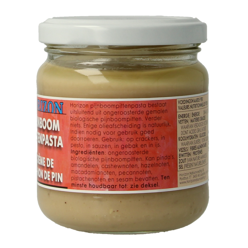 Horizon Pijnboompit pasta bio, 175g, as a natural broodbeleg with toasted pine nuts in a clear jar.