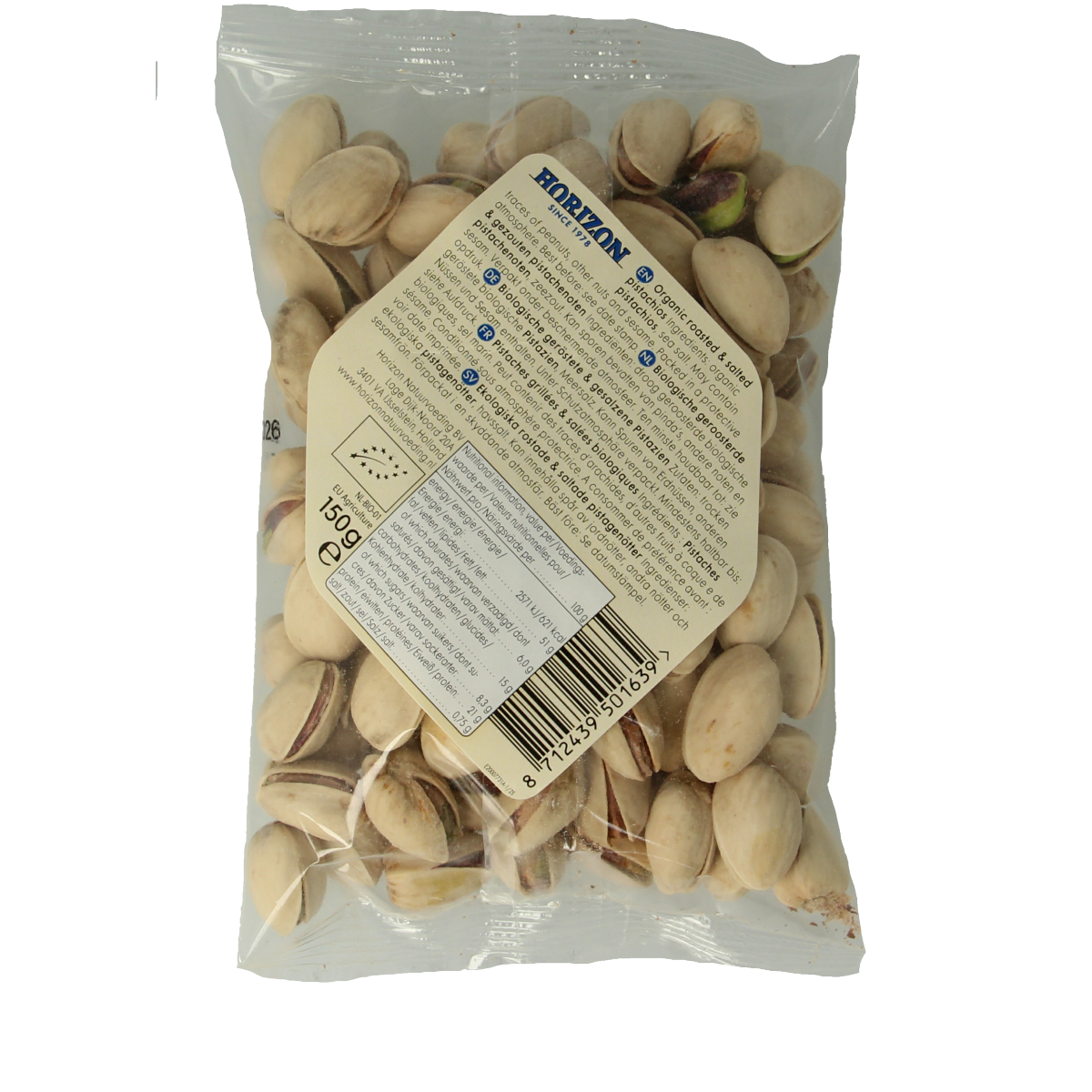 Roasted salted organic pistachio nuts in a 150g package by Horizon, healthy snack and nut product.