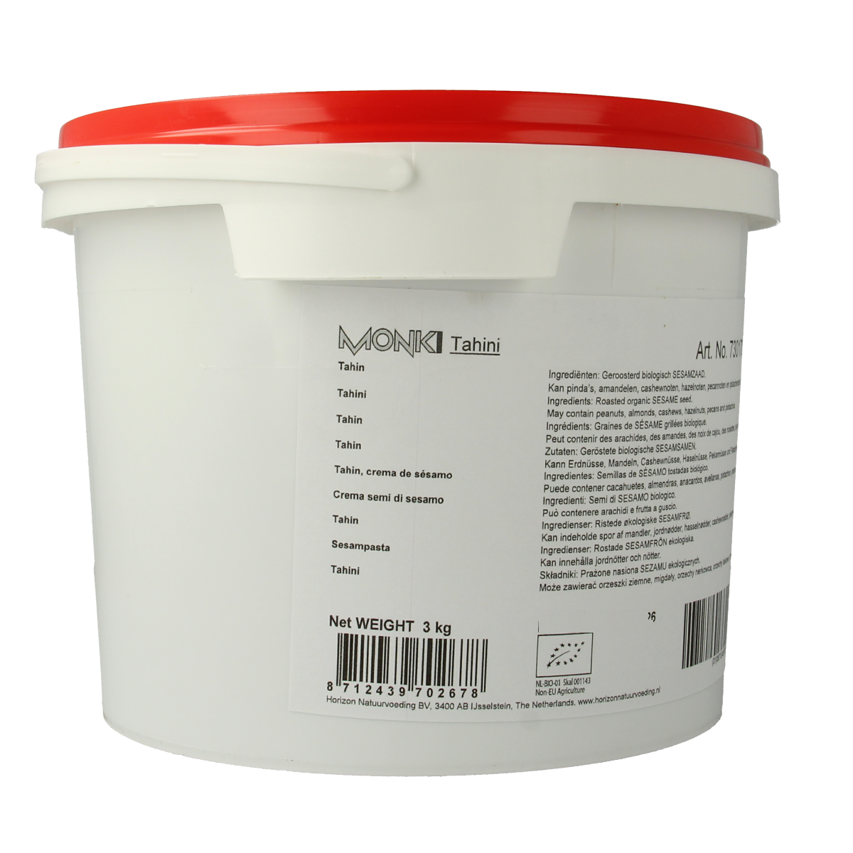 Monki Tahin Eko bio, 3kg jar of organic sesame seed spread, ideal as a nutritious broodbeleg or sandwich topping.
