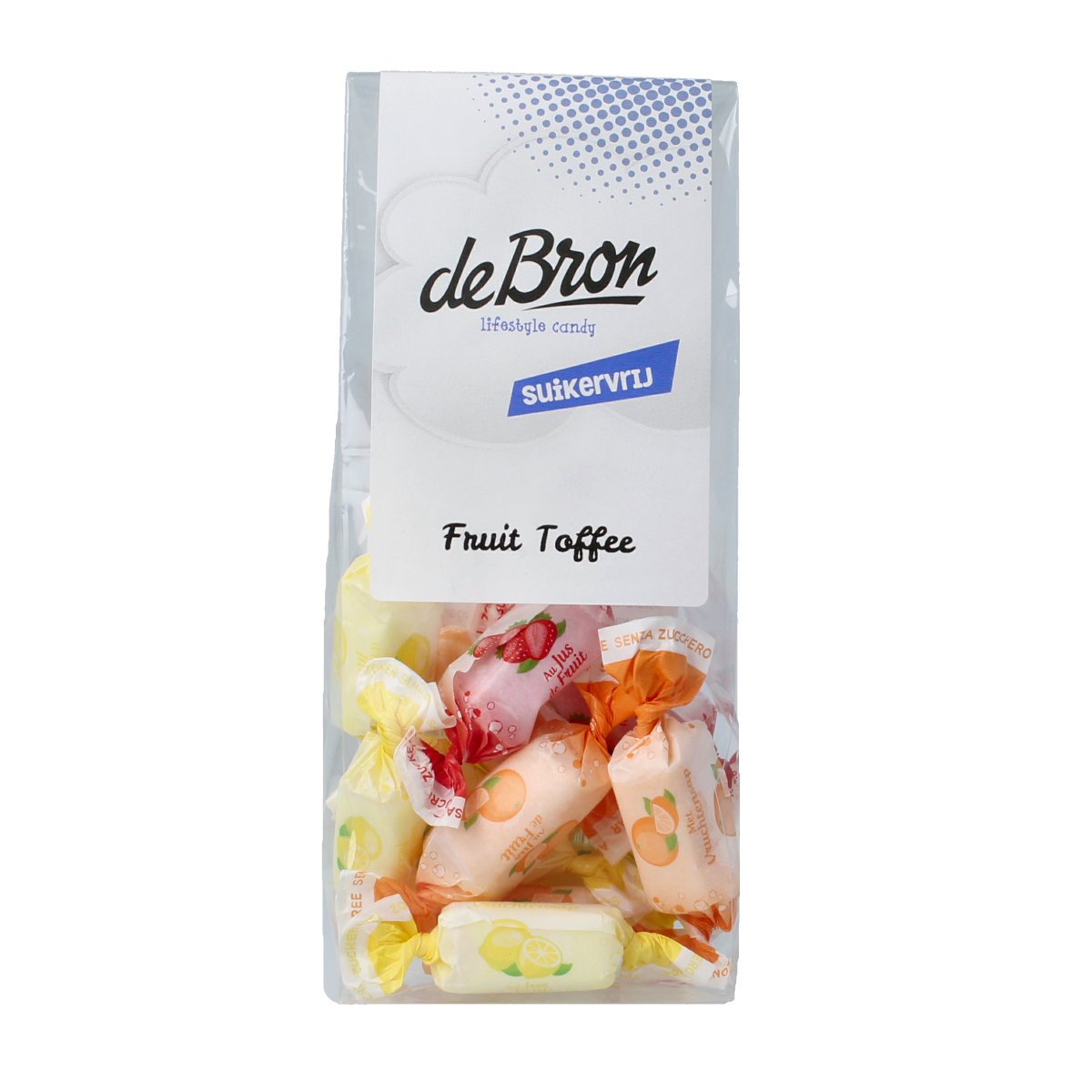 De Bron fruit toffee snoepgoed zonder suiker, 70g, showing colorful fruit-flavored toffees in a clear package.