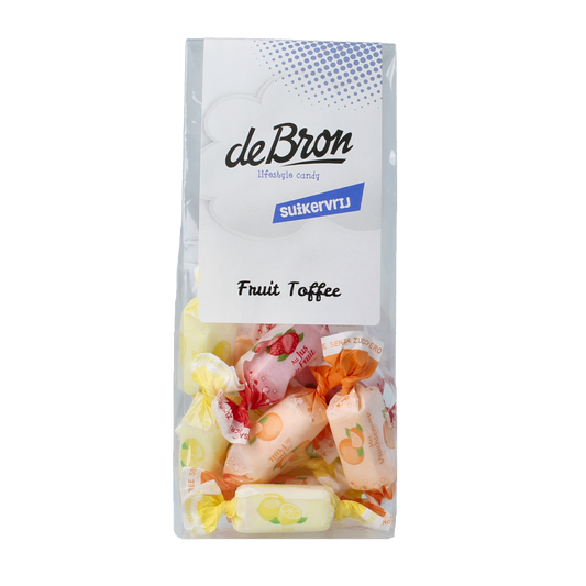 De Bron fruit toffee snoepgoed zonder suiker, 70g, showing colorful fruit-flavored toffees in a clear package.