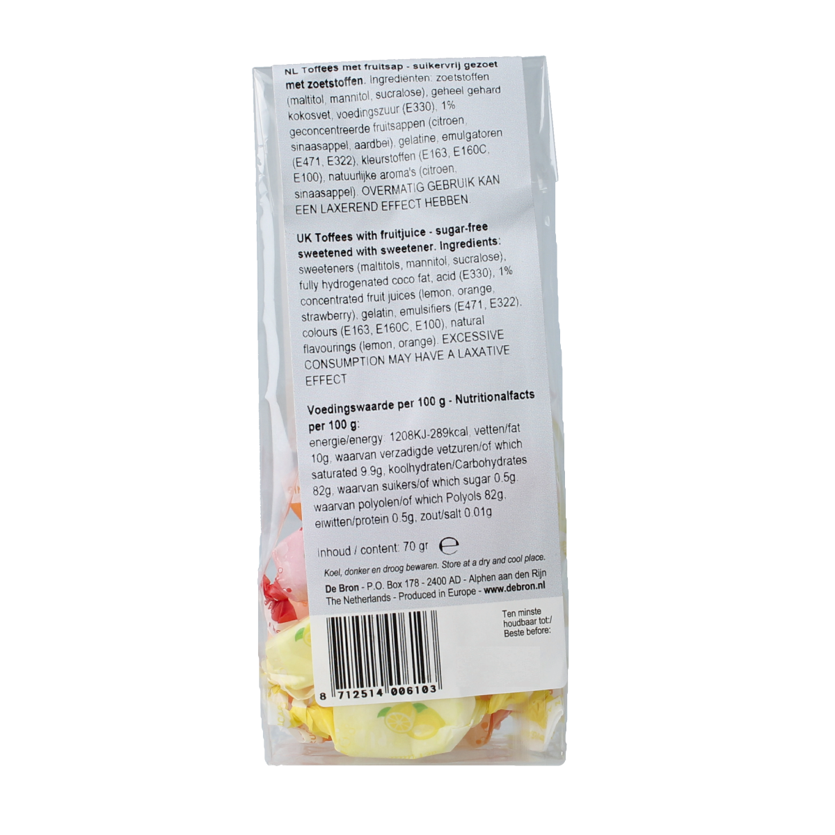 De Bron fruit toffee, suikervrij, 70g, showing colorful fruit-flavored toffee pieces in a clear wrapper