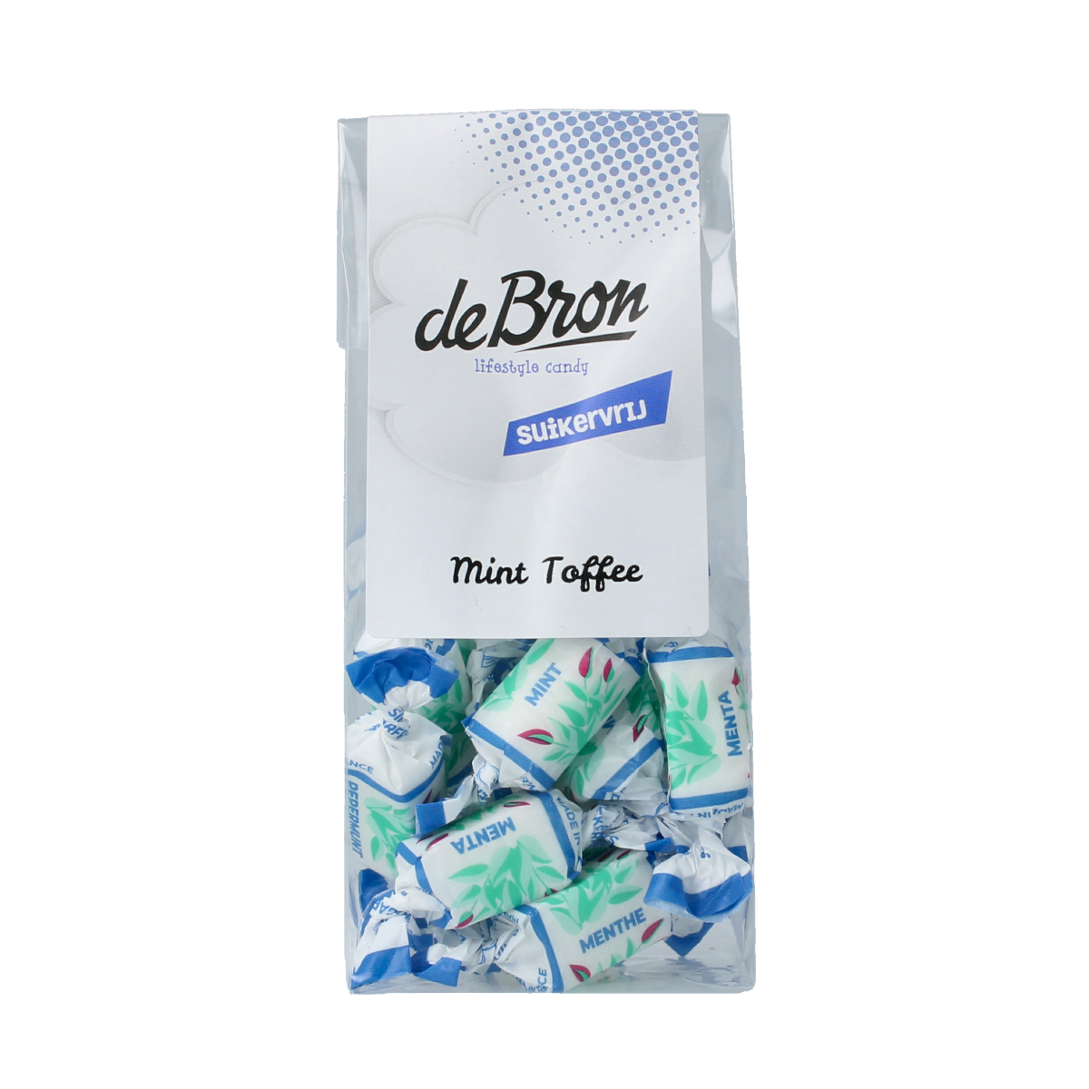 De Bron Mint toffee suikervrij in 70g package, showing green mint-flavored toffee pieces on a white background.