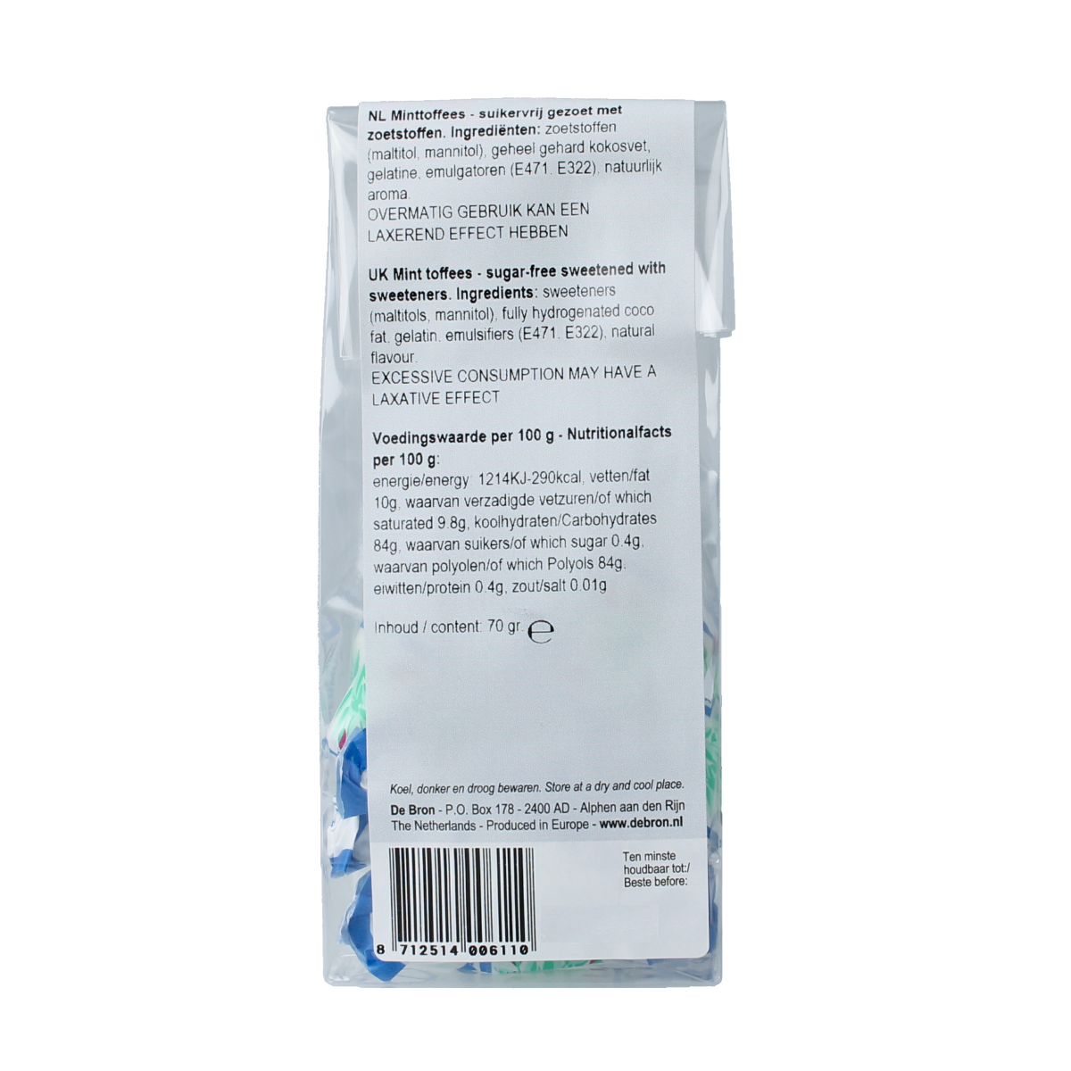 De Bron mint toffee suikervrij snoepgoed in 70g package, showing mint toffee candies with a fresh mint flavor.