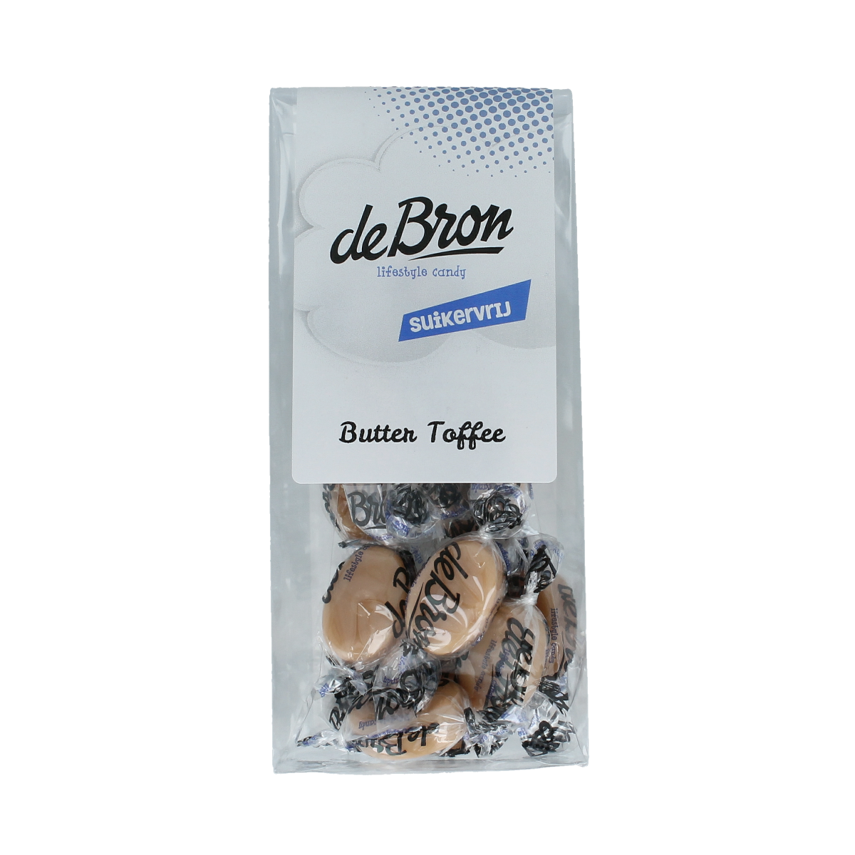 De Bron Buttertoffee suikervrij snoepgoed in 65g package showing golden caramel candies with a smooth texture.