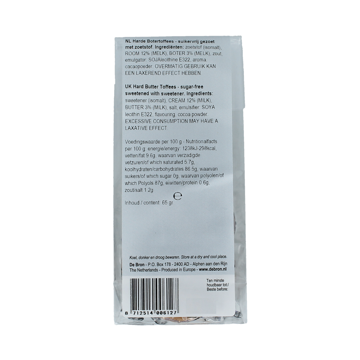 De Bron Buttertoffee suikervrij snoepgoed in 65g bag, creamy caramel-flavored, no added sugar, delicious candy snack