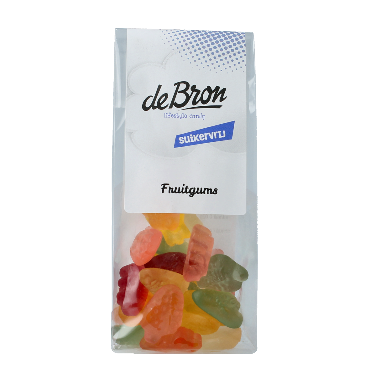 De Bron suikervrije Fruitgums snoepgoed in 90g package, colorful chewy candies with fruit flavors, shown in a clear bag.