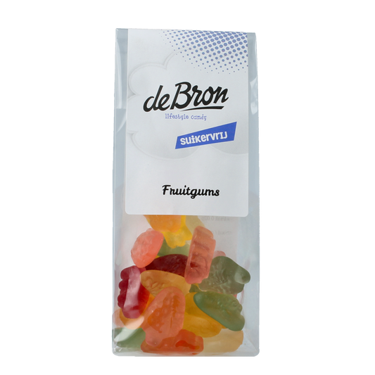De Bron suikervrije Fruitgums snoepgoed in 90g package, colorful chewy candies with fruit flavors, shown in a clear bag.