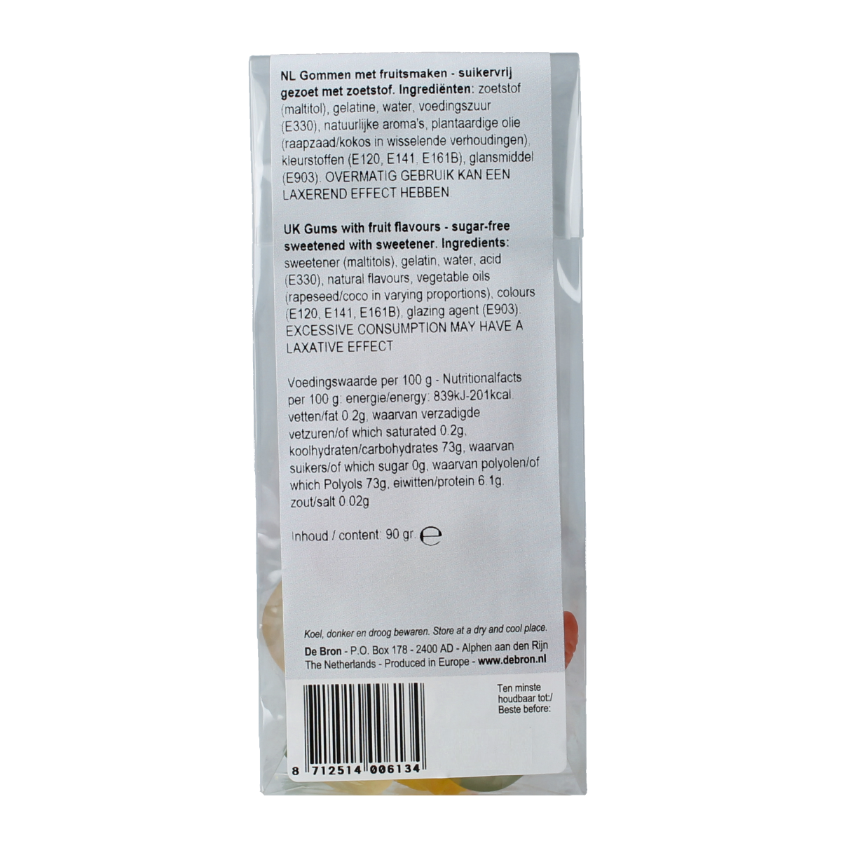 De Bron Fruitgums suikervrij, 90g, colorful chewy candy pieces in clear packaging, natural fruit flavors, gluten-free snack