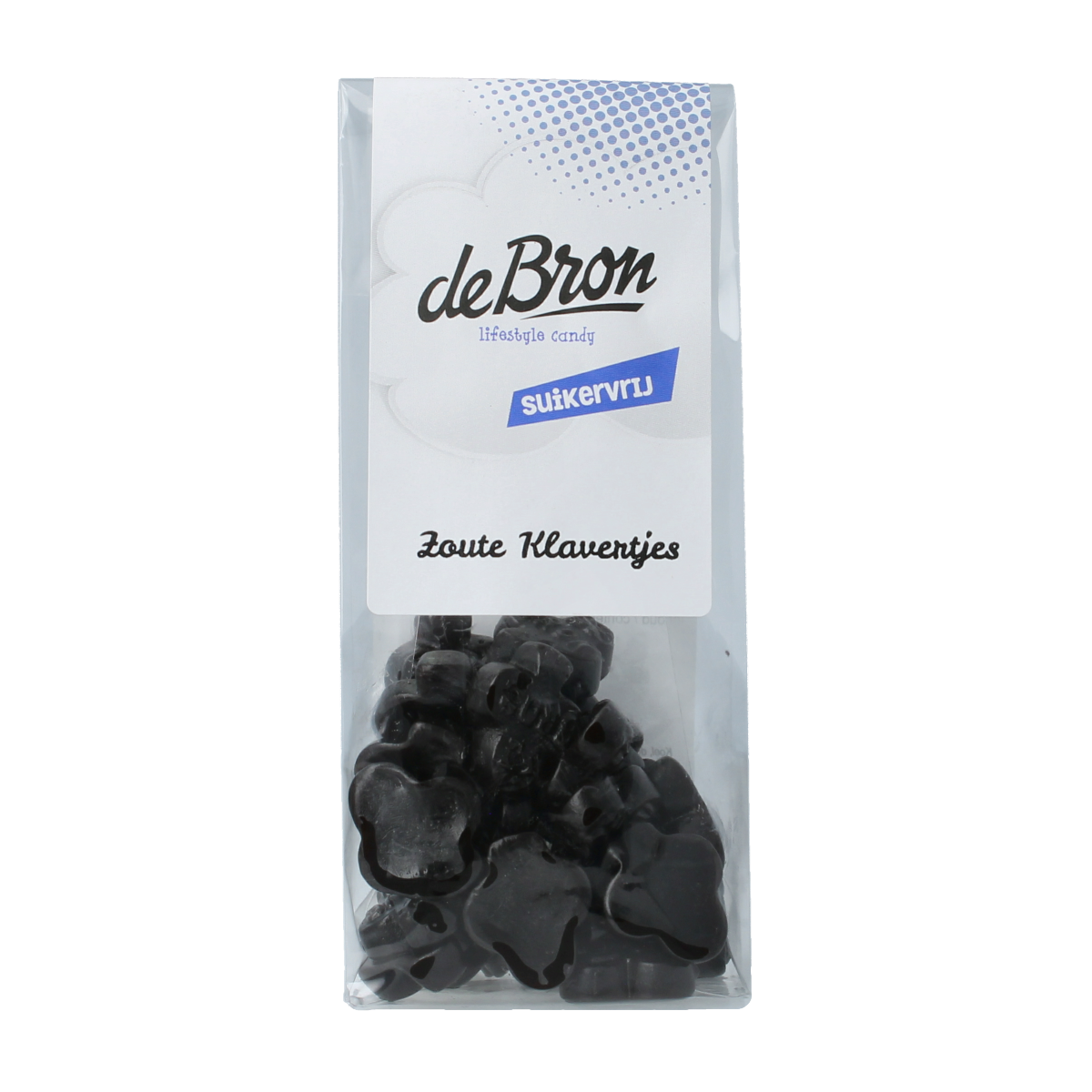 De Bron zoutvrije klavertjes snoepgoed in 90g verpakking, featuring colorful, sugar-free candy shaped like clovers.