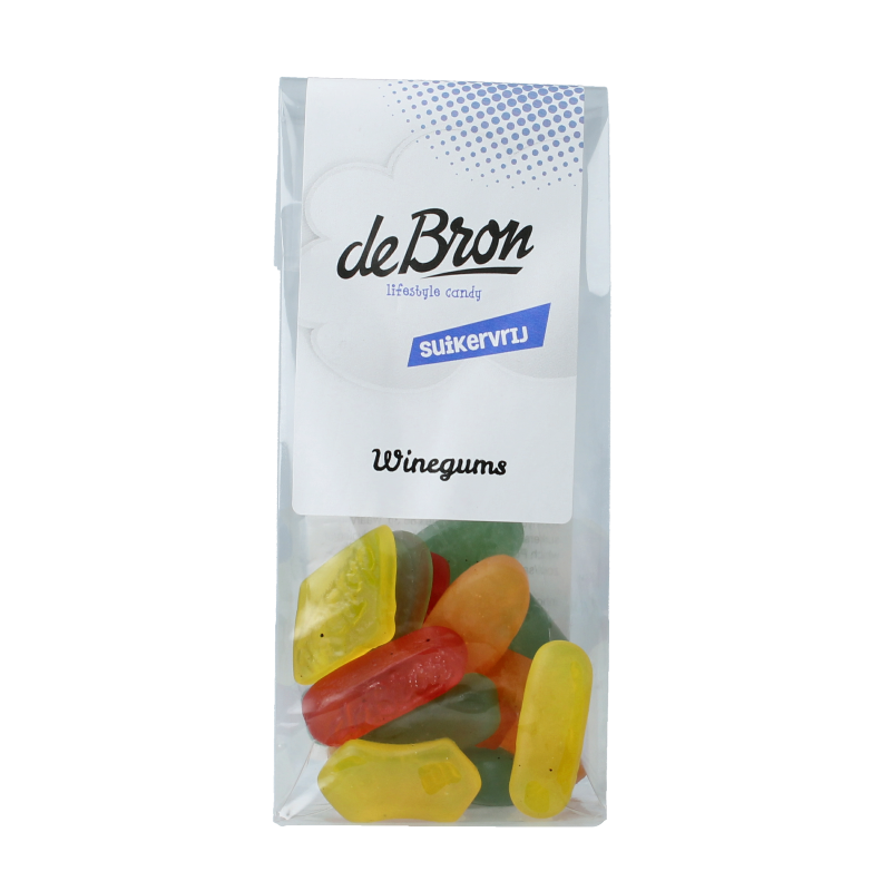 De Bron suikervrije wijngums snoepgoed in 90 gram verpakking, colorful gummy candies with fruit flavors.
