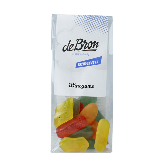 De Bron suikervrije wijngums snoepgoed in 90 gram verpakking, colorful gummy candies with fruit flavors.