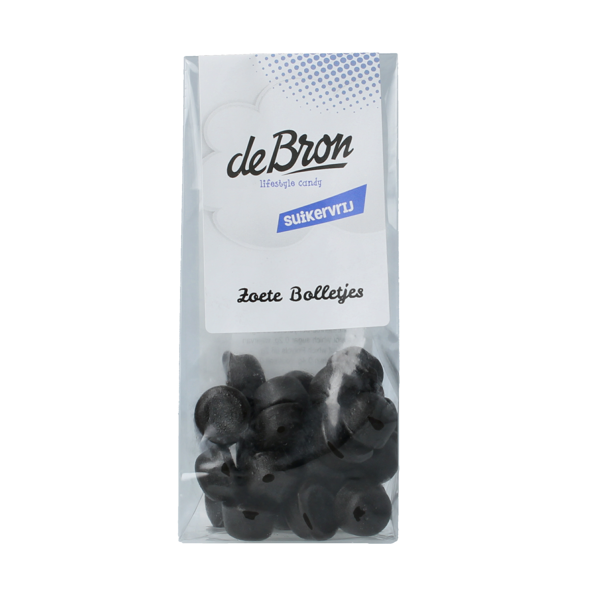 De Bron suikervrije zoete bolletjes snoepgoed in 90 gram package, colorful and round candies with a glossy finish.