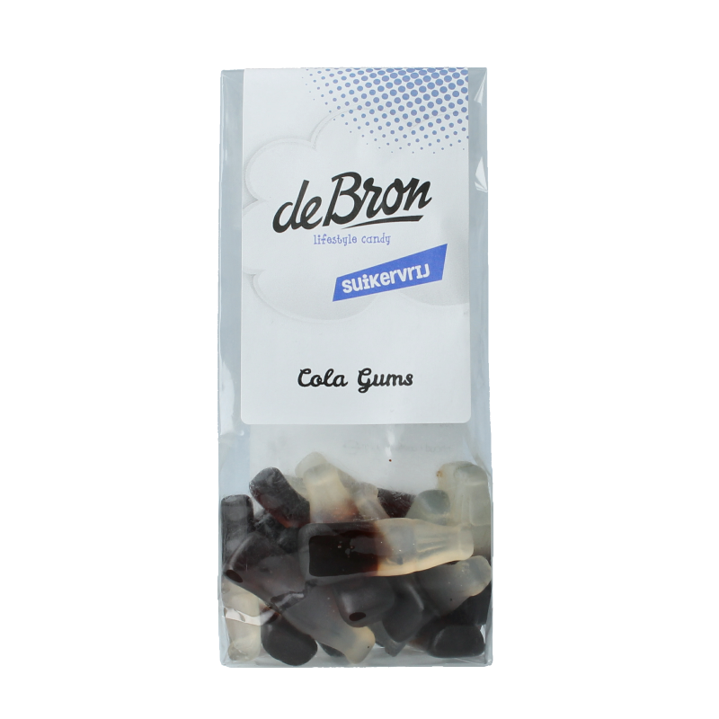 De Bron Cola gums suikervrij in 90 gram verpakking, showing colorful cola-flavored candy pieces.