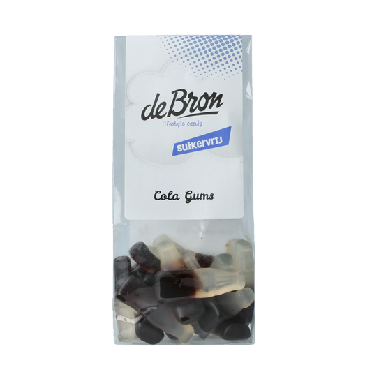 De Bron Cola gums suikervrij in 90 gram verpakking, showing colorful cola-flavored candy pieces.
