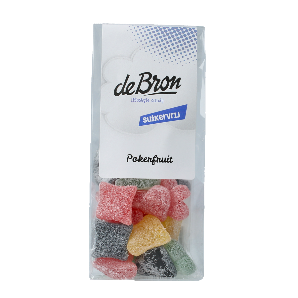 De Bron Pokerfruit suikervrij candies in 90g package, colorful sugar-free fruit-flavored sweets from De Bron.