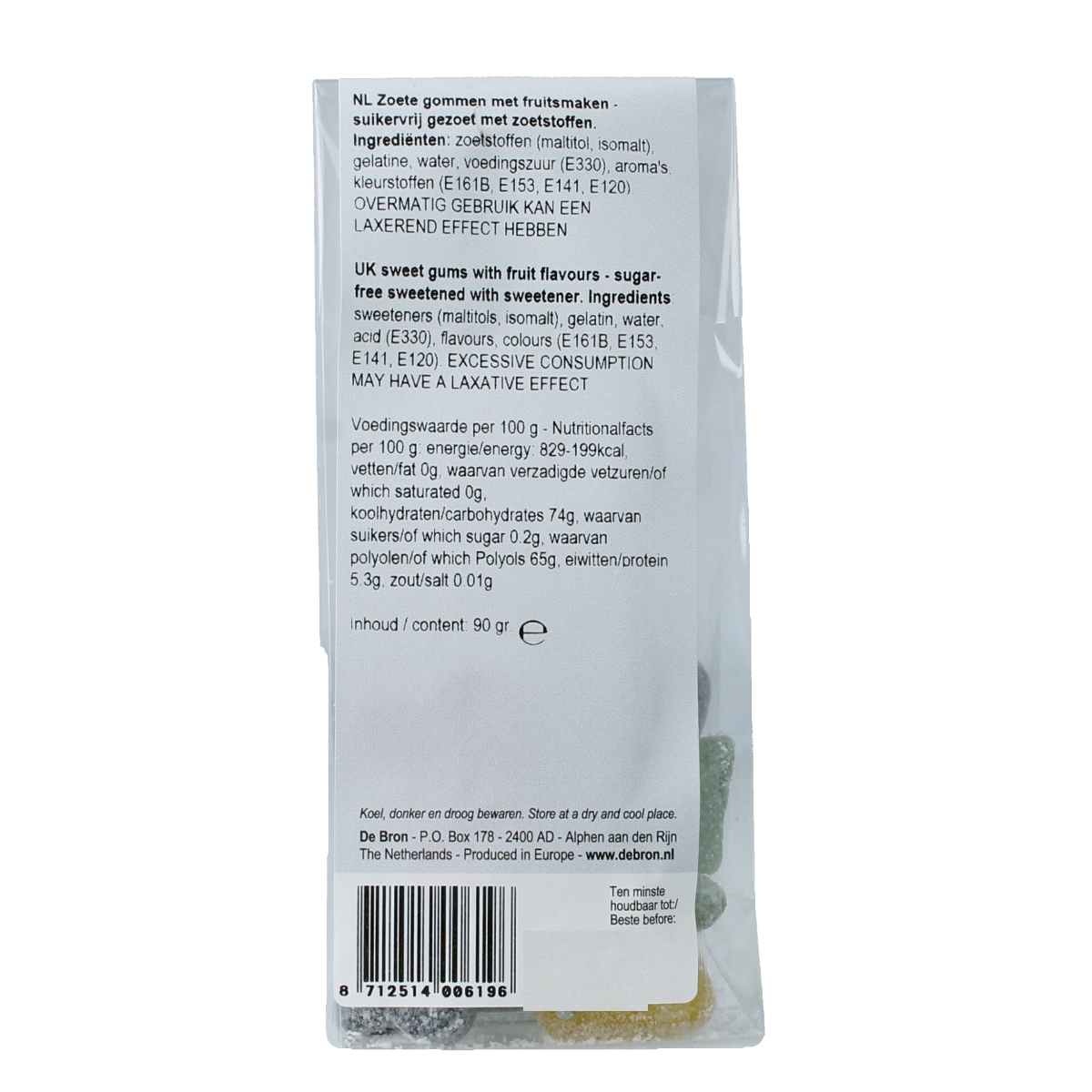 De Bron Pokerfruit suikervrij snoepgoed in 90g pack, colorful gummy candies with fruit flavors on a white background.