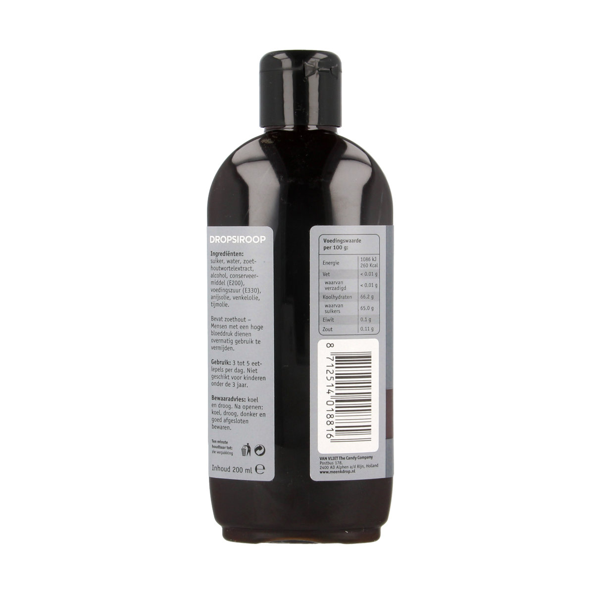 Meenk Dropsiroop 200ml, a colorful candy syrup from Meenk, in a clear bottle with a yellow cap and vibrant label.