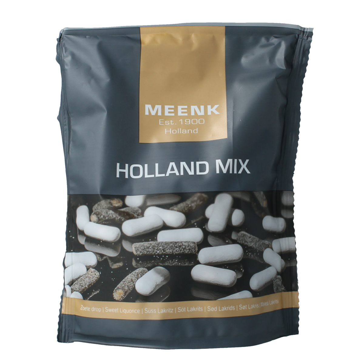 Meenk Holland mix stazak 225g, colorful candy assortment in a clear jar, featuring assorted sweets from the Meenk snoepgoed collection.