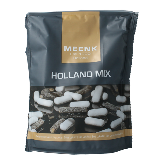 Meenk Holland mix stazak 225g, colorful candy assortment in a clear jar, featuring assorted sweets from the Meenk snoepgoed collection.