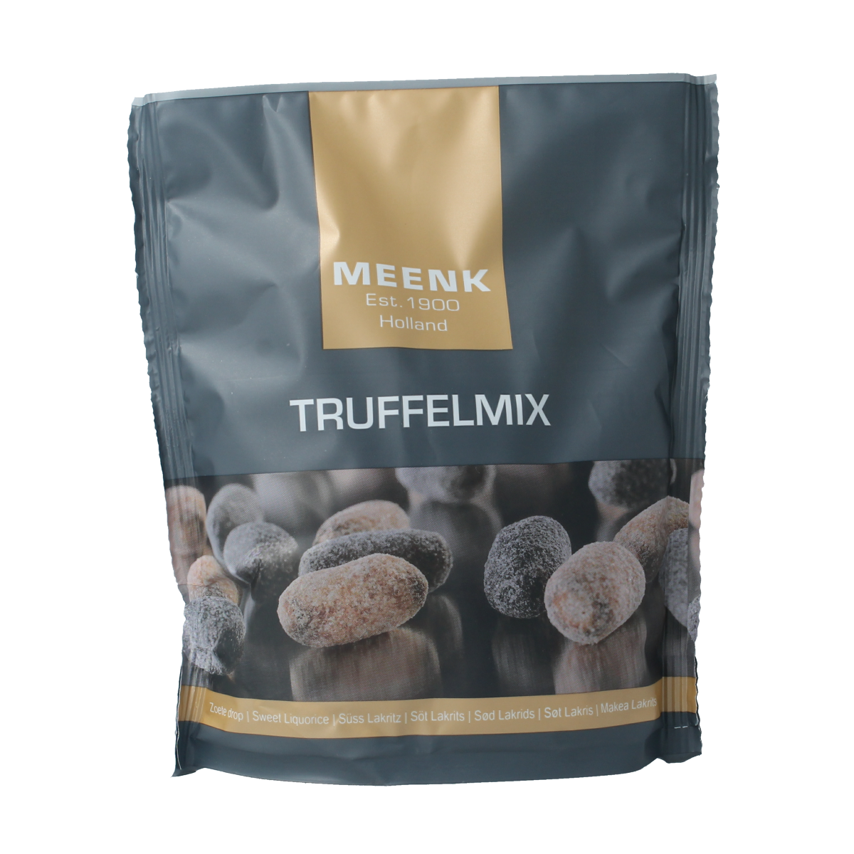 Meenk Truffelmix snoepgoed in 225g plastic container, assorted chocolate truffles from the Meenk brand.