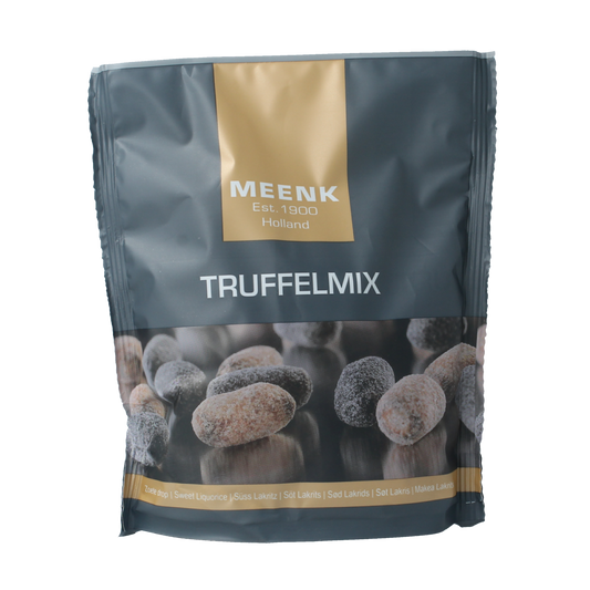 Meenk Truffelmix snoepgoed in 225g plastic container, assorted chocolate truffles from the Meenk brand.