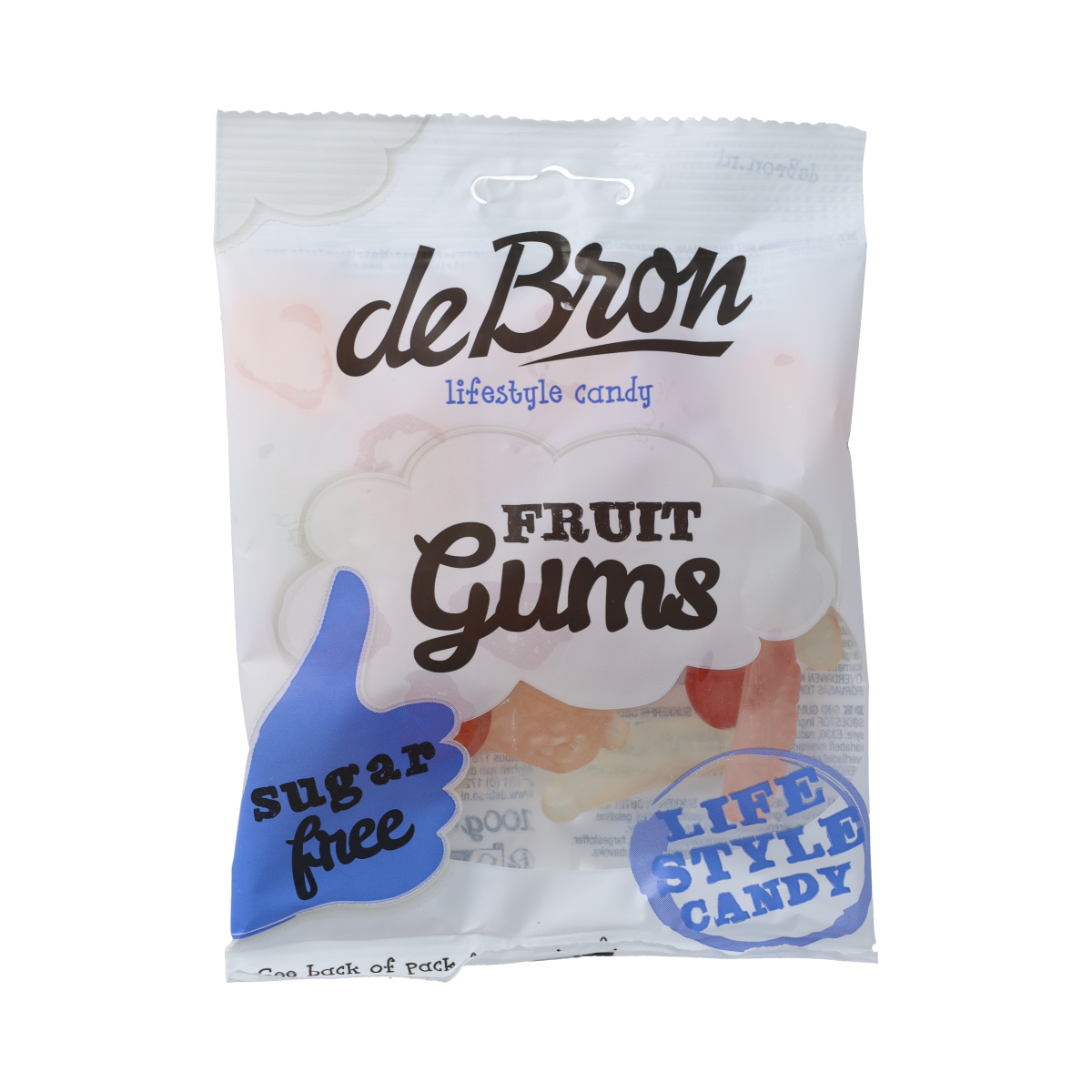 De Bron suikervrije Fruitgums snoepgoed in 100g, colorful gummy candies with fruity flavors, shown in a clear package.