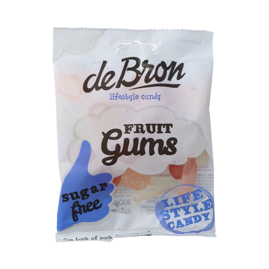 De Bron suikervrije Fruitgums snoepgoed in 100g, colorful gummy candies with fruity flavors, shown in a clear package.