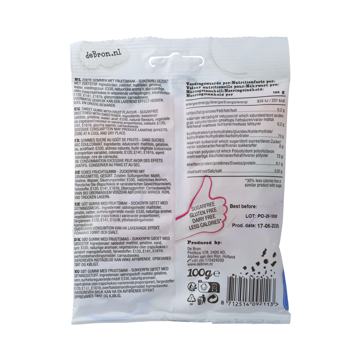 De Bron suikervrije fruitgums in 100g package, colorful chewy candy for a fruity snack.